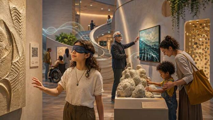 Visitatori con diverse abilità percepiscono un'opera d'arte in un percorso di accessibilità museale multisensoriale.