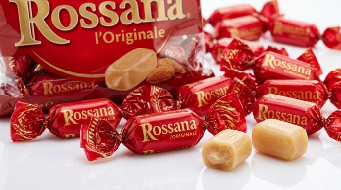 Caramella Rossana 100 anni con incarto rosso vintage