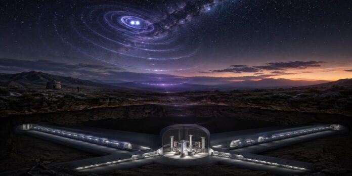 Rappresentazione artistica dell'osservatorio sotterraneo Einstein Telescope Sos Enattos in Sardegna con onde gravitazionali e cielo stellato.