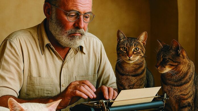 illustrazione artistica di Ernest Hemingway intento a scrivere sulla sua macchina da scrivere Underwood circondato dai suoi amati gatti d'autore a Key West.