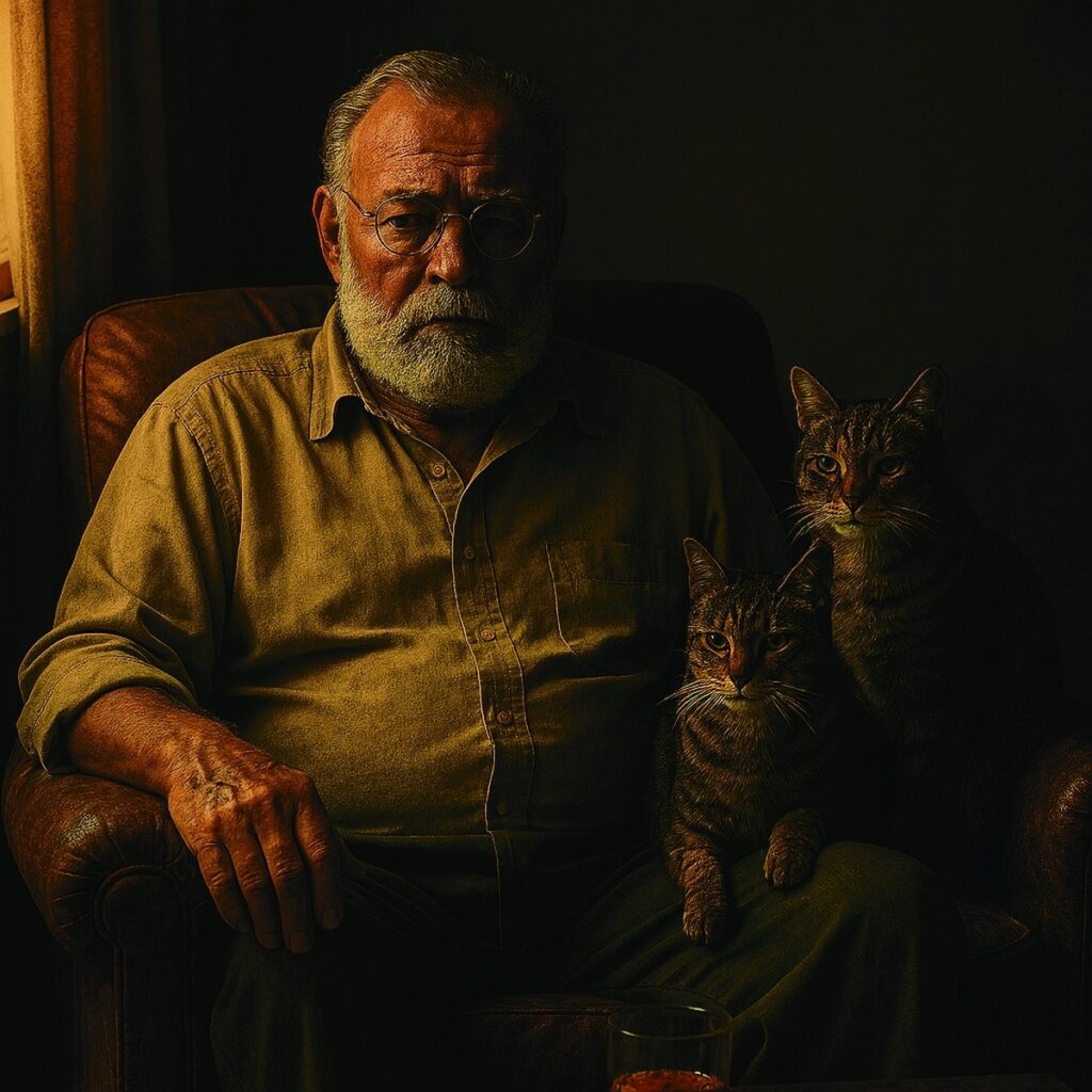 Illustrazione artistica - ritratto intimo di Ernest Hemingway seduto in poltrona in compagnia dei suoi amati gatti.