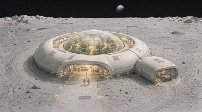 Concept architettonico di una base lunare con serra centrale (Greenhouse Core) e anello abitativo (Habitat Ring) per il progetto ExoHumanArt