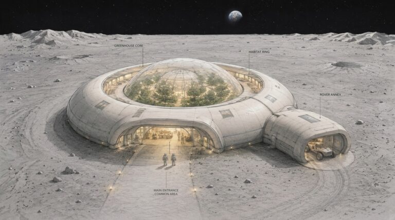 Concept architettonico di una base lunare con serra centrale (Greenhouse Core) e anello abitativo (Habitat Ring) per il progetto ExoHumanArt