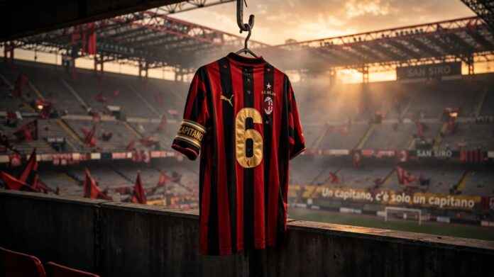 Illustrazione artistica della maglia rossonera numero 6 di Franco Baresi, il calcio che non c'è più, appesa allo stadio San Siro