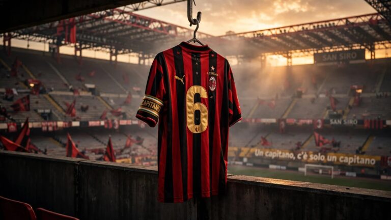 Illustrazione artistica della maglia rossonera numero 6 di Franco Baresi, il calcio che non c'è più, appesa allo stadio San Siro