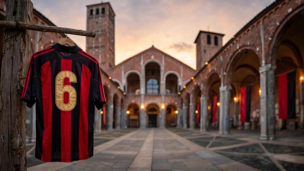 Un'emozionante illustrazione artistica che mostra la maglia numero 6 rossonera nel quadriportico della Basilica di Sant'Ambrogio a Milano, luogo dell'ultimo saluto a Franco Baresi, il calcio che non c'è più, per simboleggiare il legame indissolubile tra il Capitano, la città e i suoi valori.