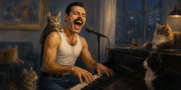 Freddie Mercury e i suoi gatti attorno al pianoforte
