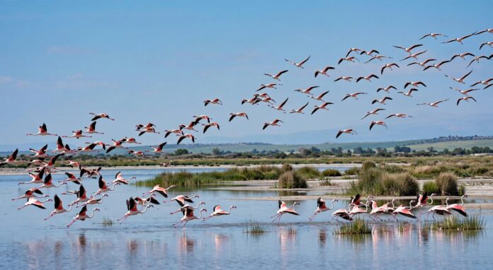 Spettacolare volo di uno stormo di fenicotteri rosa sopra lo specchio d'acqua del Lago Salato di Larnaca a Cipro.