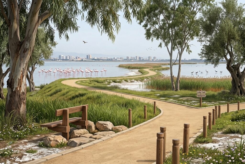 Immagine panoramica che mostra il camminamento del parco naturalistico attorno al Lago Salato di Larnaca e fenicotteri rosa che popolano il bacino d'acqua, perfetta per illustrare i punti d'osservazione e l'itinerario a piedi.