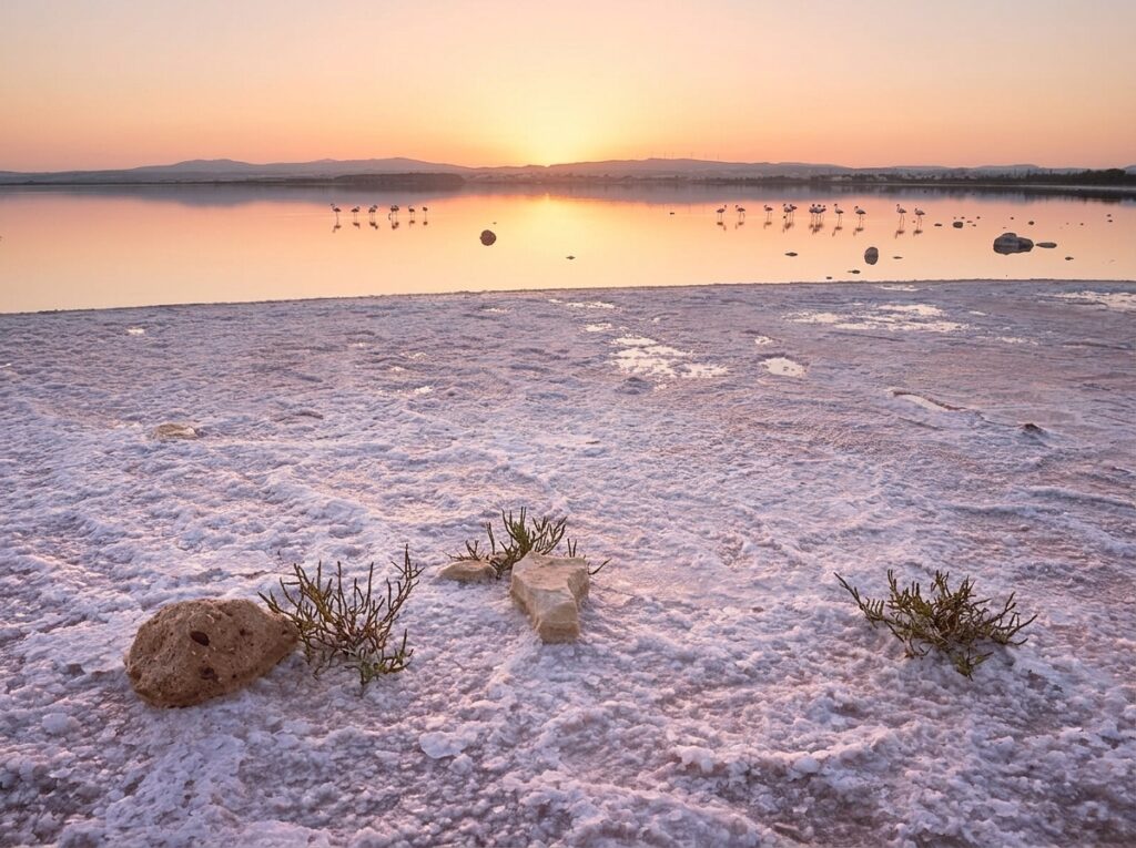 Fotografia naturalistica artistica del Lago Salato di Larnaca (Alyki) a Cipro.