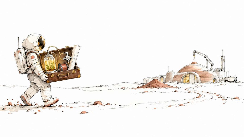 Illustrazione del trasporto di soluzioni biotecnologiche per la realizzazione di habitat e materiali nello Spazio.