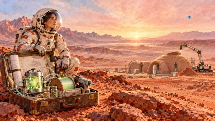 Astronauta sulla superficie marziana accanto a una valigia con bioreattore e filamento per la produzione di bioplastiche su Marte