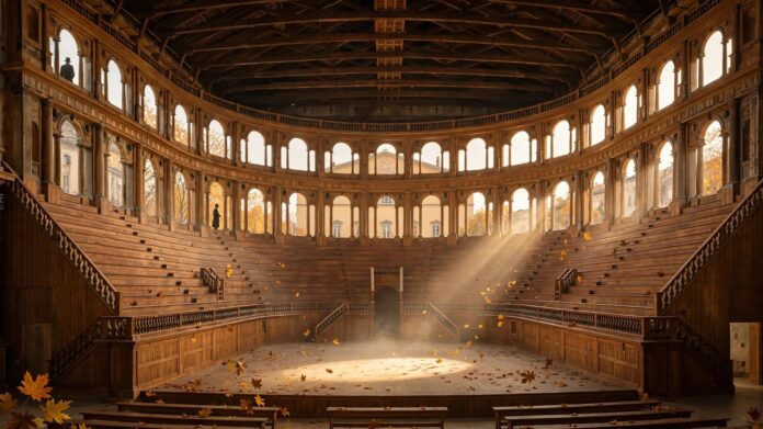 Interno dell'impianto ligneo del Teatro Farnese a Parma illuminato da una calda luce autunnale con foglie sospese, sullo sfondo tra le arcate si intravede la facciata del Teatro Regio, cuore del Festival Verdi 2026