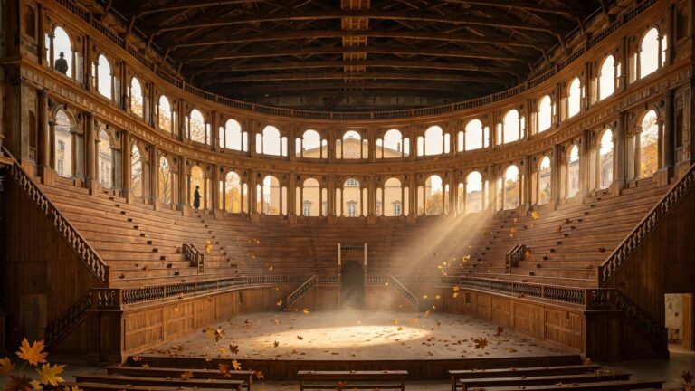 Interno dell'impianto ligneo del Teatro Farnese a Parma illuminato da una calda luce autunnale con foglie sospese, sullo sfondo tra le arcate si intravede la facciata del Teatro Regio, cuore del Festival Verdi 2026