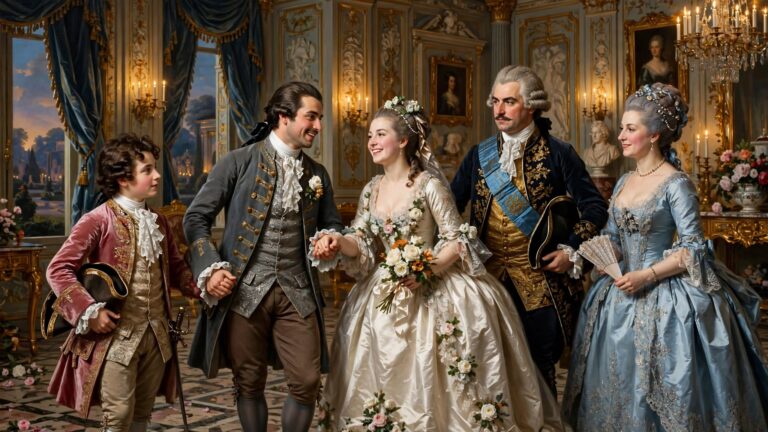 Scena de Le Nozze di Figarò di Mozart rappresentata in un salone nobile del Settecento a Roma, con Figaro e Susanna in abiti da sposi, il Conte e la Contessa Almaviva e Cherubino