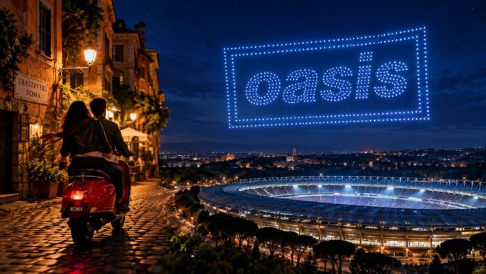 Logo luminoso degli Oasis nel cielo sopra Roma e lo Stadio Olimpico per Oasis Roma 2027