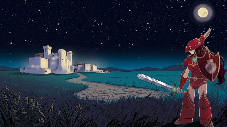 Palombara Comix: guerriera in armatura rossa con spada e scudo di fronte al Castello Savelli di notte