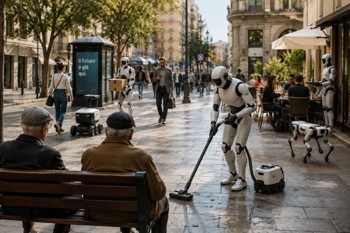 Robot umanoidi e robotici integrati nella vita urbana tra passanti, tavolini all'aperto e attività quotidiane