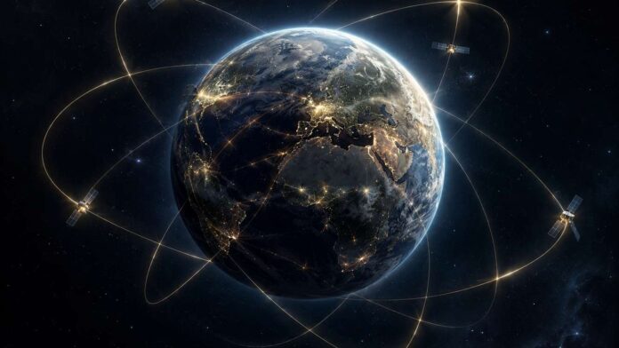 Spazioporto e rete di satelliti in orbita intorno alla Terra con connessioni luminose.