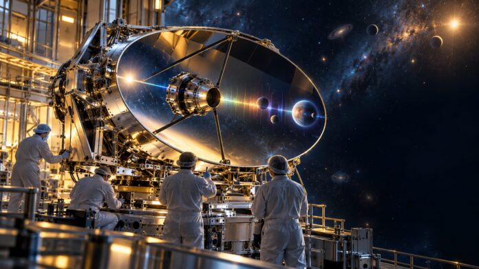 Tecnici in camera bianca lavorano al telescopio della Ariel missione ESA per analizzare la luce di mille pianeti.