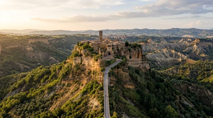 Veduta aerea panoramica di Civita di Bagnoregio per la candidatura a Capitale arte contemporanea 2028