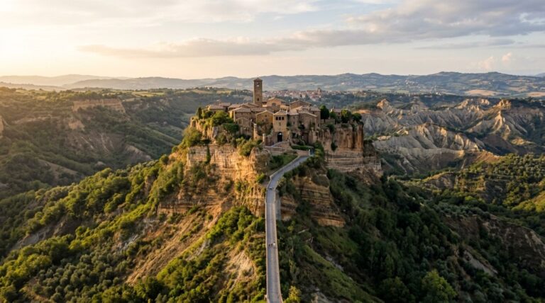 Veduta aerea panoramica di Civita di Bagnoregio per la candidatura a Capitale arte contemporanea 2028