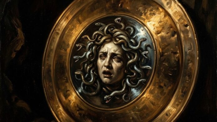 Riflesso di Medusa su uno scudo di bronzo, simbolo del mito di Medusa nell'estetica filosofica.