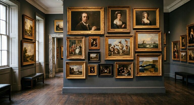Un fotomontaggio fotografico a quattro pannelli che sintetizza il programma culturale delle mostre Gallerie d'Italia autunno 2026. Da sinistra: una scena d'interni veneziana del Settecento (Tiepolo), una fotografia in bianco e nero di un'architettura industriale europea (Luca Campigotto), un'installazione tessile concettuale con ritratti femminili (LIBERE!) e due ritratti femminili neoclassici in cornice dorata (Angelica Kauffmann ed Élisabeth Vigée Le Brun). L'immagine è leggera e orizzontale, priva di testo sovrapposto, su uno sfondo museale astratto.