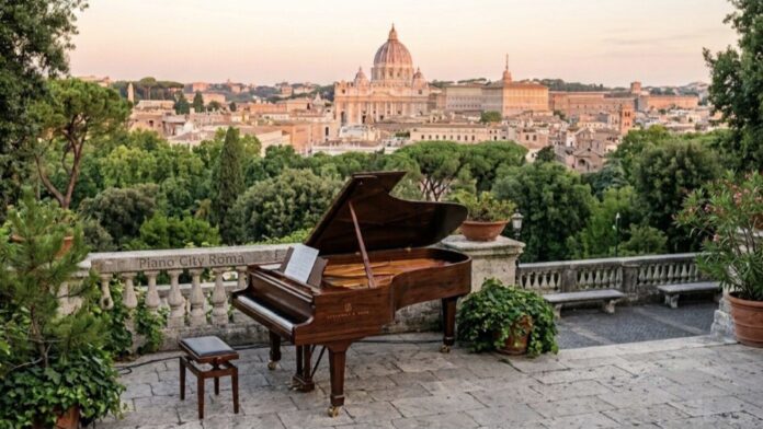 Un pianoforte a coda di legno posizionato su una terrazza panoramica a Roma in attesa di un concerto di Piano City Roma, con lo sfondo della cupola di San Pietro e i piazzi storici immersi nel verde.