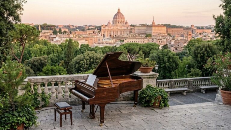 Un pianoforte a coda di legno posizionato su una terrazza panoramica a Roma in attesa di un concerto di Piano City Roma, con lo sfondo della cupola di San Pietro e i piazzi storici immersi nel verde.