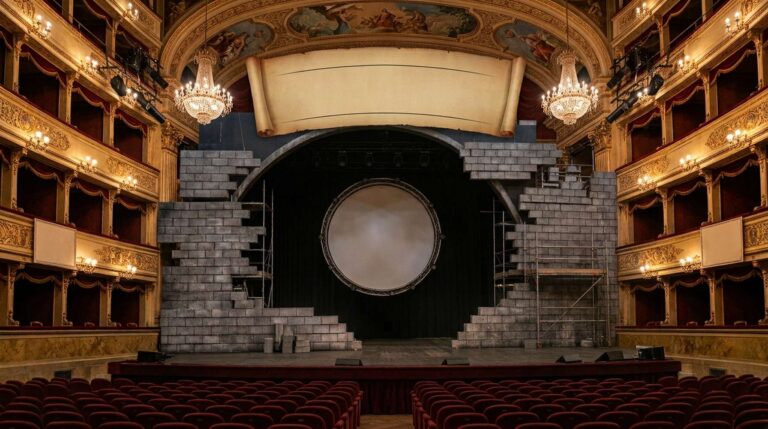 Illustrazione dell'allestimento scenico dell'opera rock The Wall dei Pink Floyd Legend al Teatro Verdi di Firenze con muro e schermo circolare sul palco.